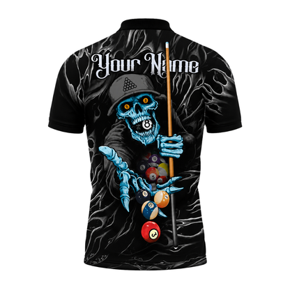 Custom Skull Black Cyan Billiard Polo Shirts for Men, Custom Skull Billiard Shirts BIZ0309