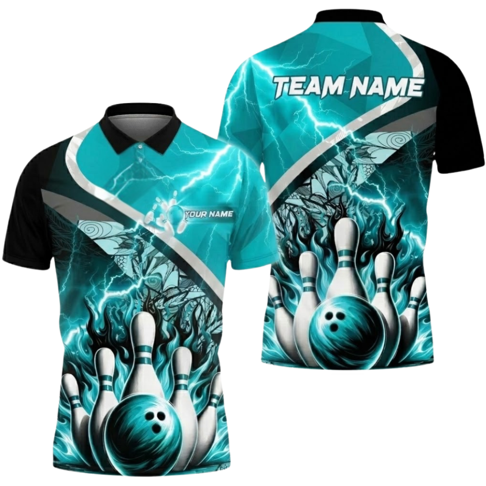 Blue Flame Custom Mens Bowling Polo Shirt, Custom Flame Thunder Bowling Team Shirts BZ0804