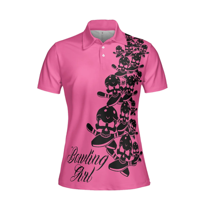 Skull Pink Bowling Polo Shirt For Women, Skull Bowling Shirt For Women BZ1077