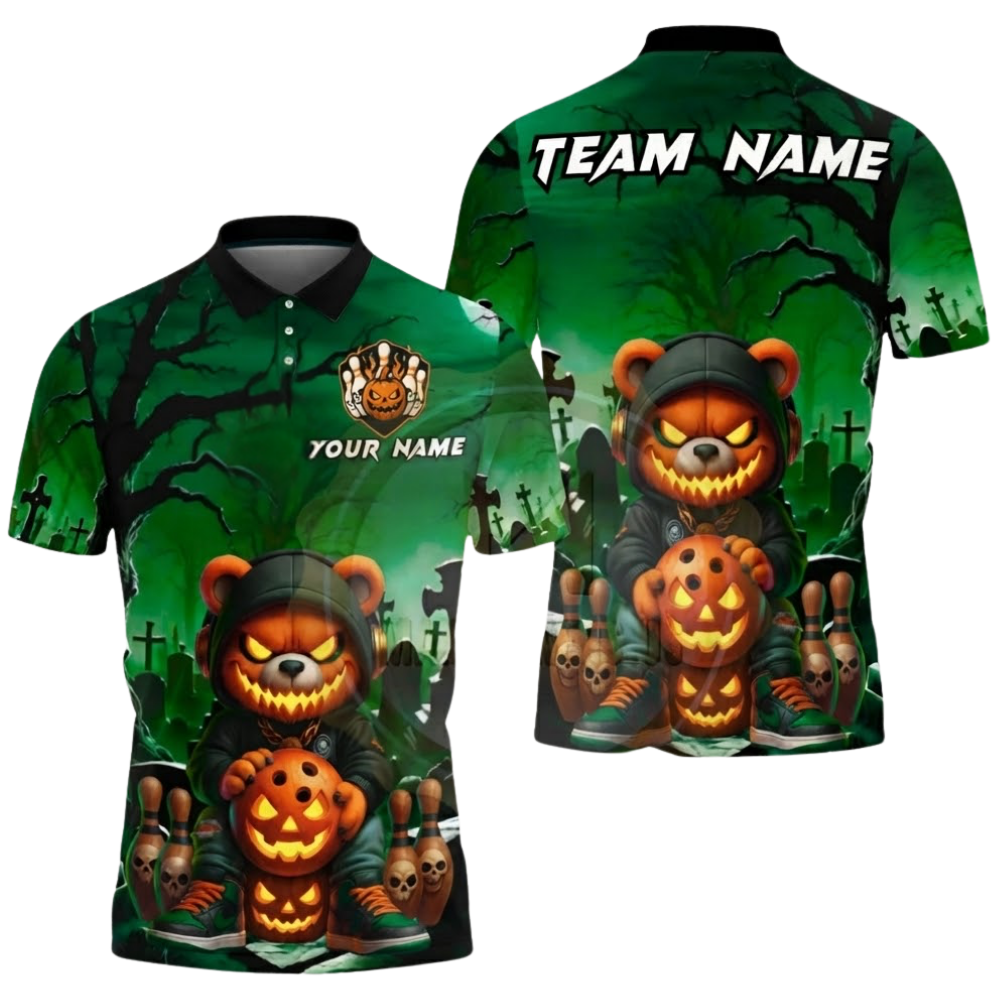 Custom Bear Pumpkin Mens Bowling Polo Shirt, Custom Halloween Bowling Shirts Team BZ0618
