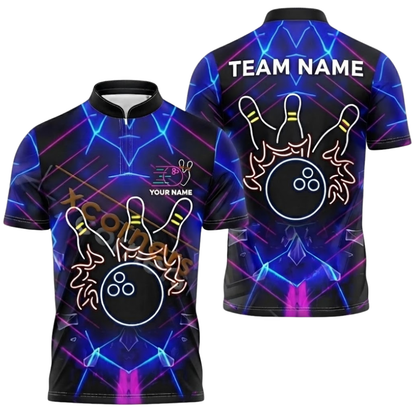 Custom Neon Blue Purple Mens Bowling Jersey, Custom Bowling Team Shirts BZ0556