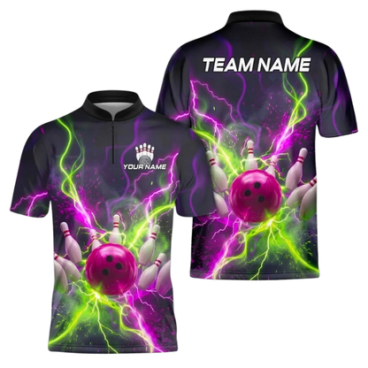 Custom Thunder Neon Pink Green Bowling Jersey Shirt For Men, Custom Thunder Bowling Team Shirt BZ1104