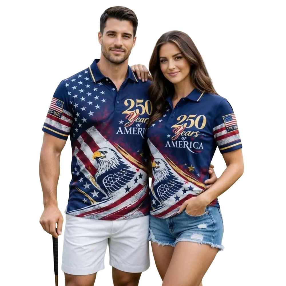 Eagle USA Flag 250 Years Of America Matching Golf Polo Shirt For Men Women, 4th Of July Couple Golf Shirts GE0552