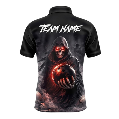 Custom Skull Black Bowling Polo Shirt For Men, Custom Skull Bowling Team Shirt BZ0942