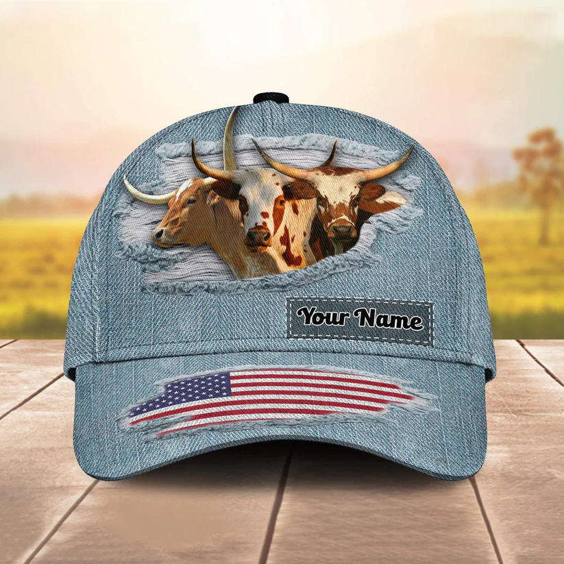 Texas Longhorn Jeans Pattern Customized Name Cap CA0091