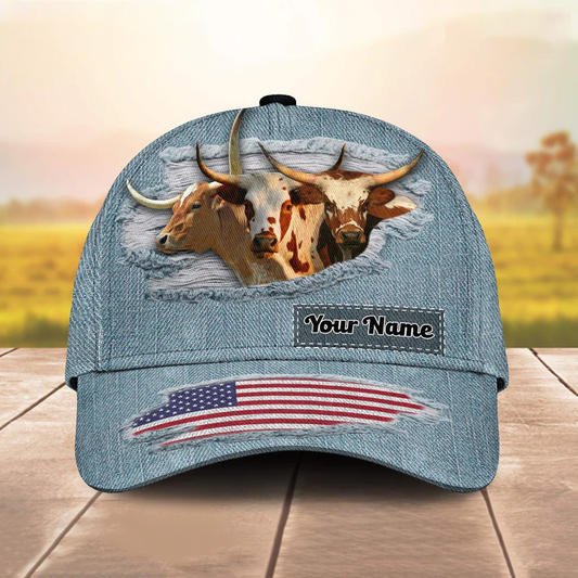 Texas Longhorn Jeans Pattern Customized Name Cap CA0091