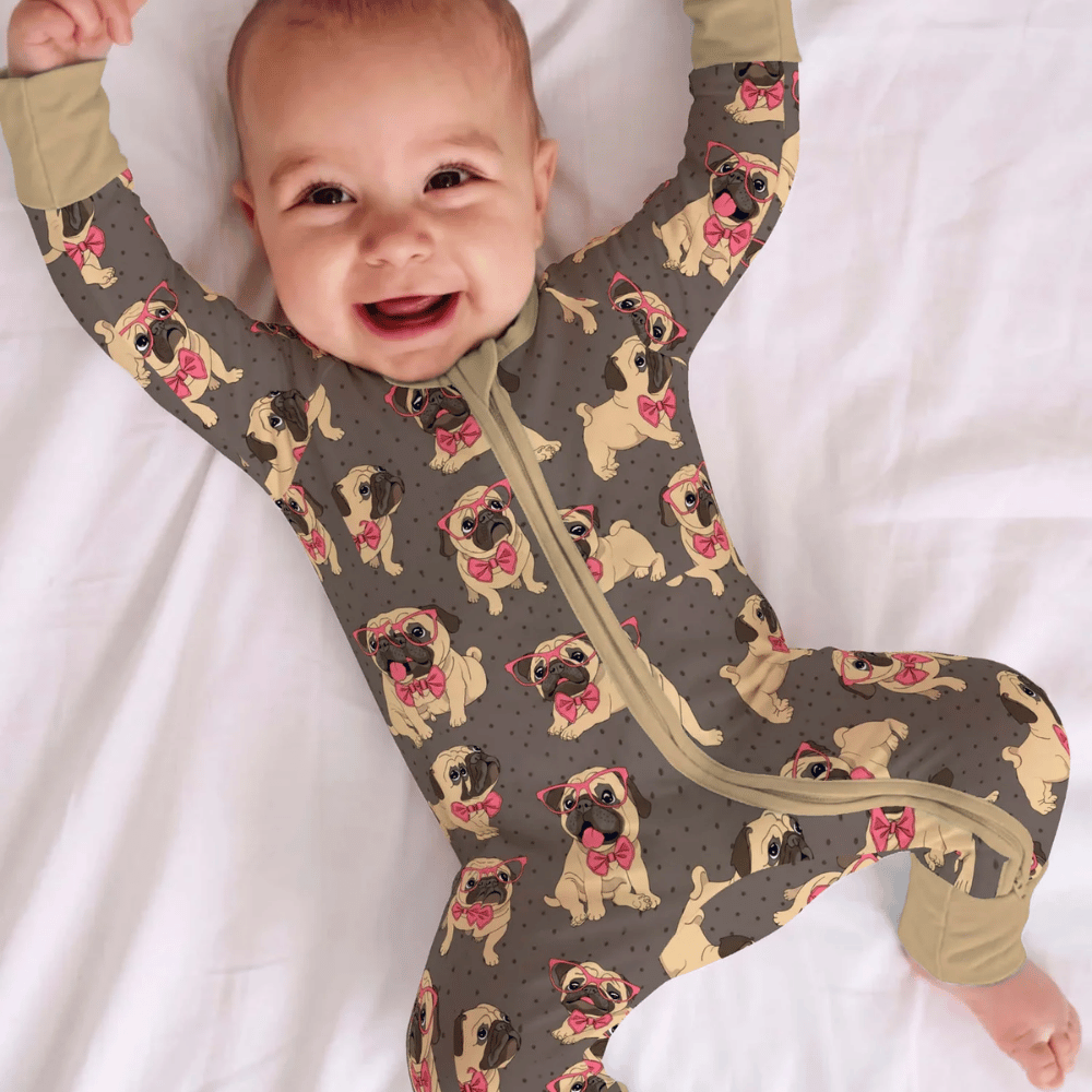 Pug Dog Pink Bow Baby Convertible Zippy Romper, Pug Dog Lover Baby Convertible Romper BB0953