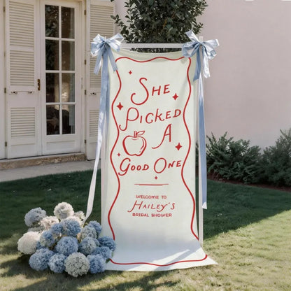 She Picked a Good One Custom Bridal Shower Welcome Banner, Custom Apple Linen Welcome Sign For Bridal Party WD0924