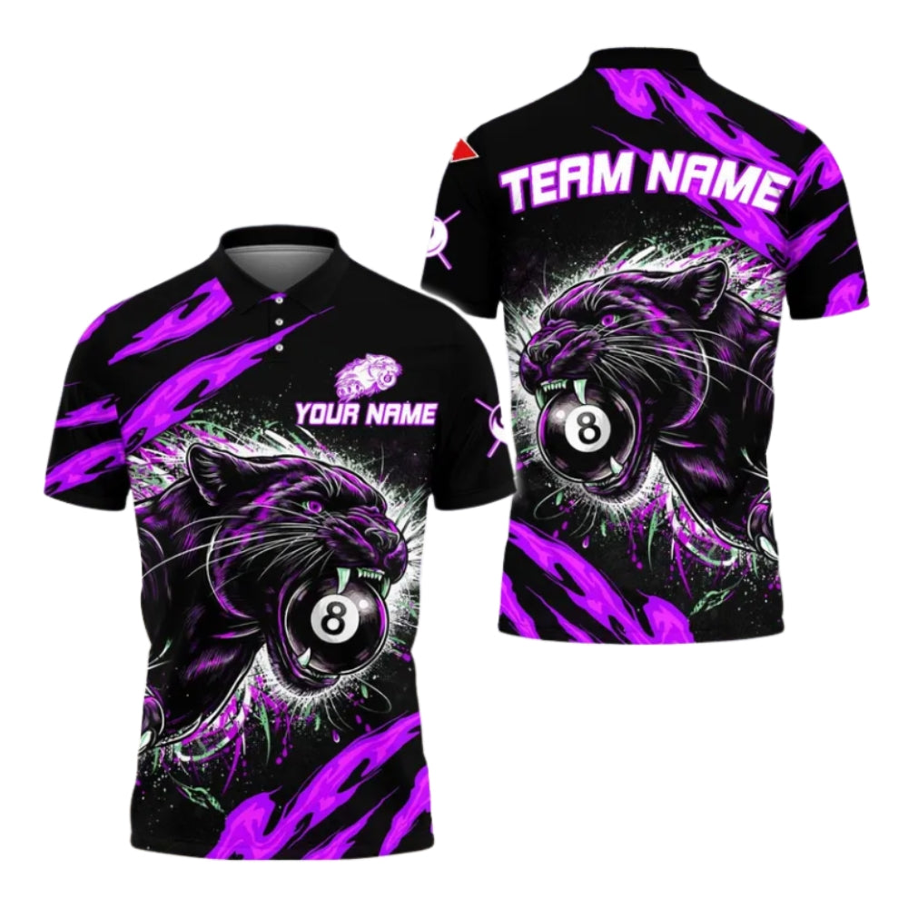 Custom Panther 8 Ball Black And Blue Billiard Men's Polo Shirt, Custom Panther Billiard Team Shirts BIZ0278