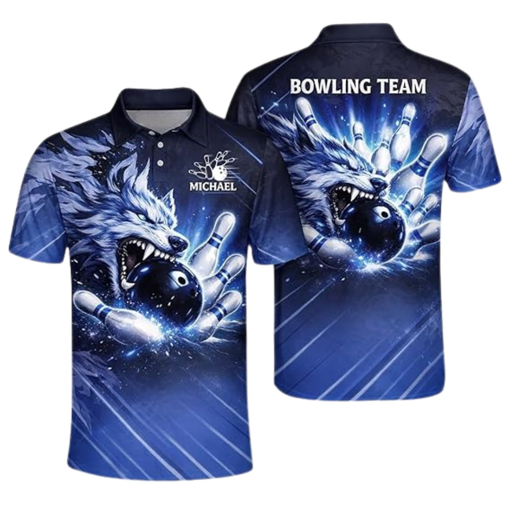 Custom Blue Wolf Men's Bowling Polo Shirt, Custom Wolf Bowling Team Shirts BZ0360