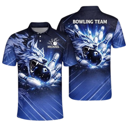 Custom Blue Wolf Men's Bowling Polo Shirt, Custom Wolf Bowling Team Shirts BZ0360