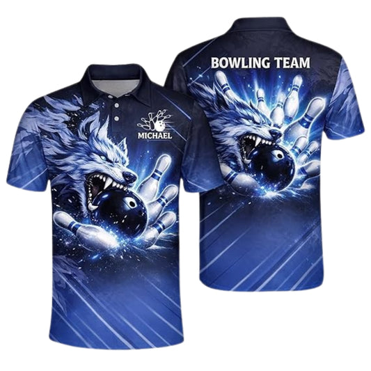 Custom Blue Wolf Men's Bowling Polo Shirt, Custom Wolf Bowling Team Shirts BZ0360