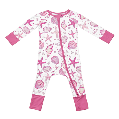 Pink Coastal Seashell Baby Convertible Zipper Romper. Ocean Baby Romper Convertible BB0835