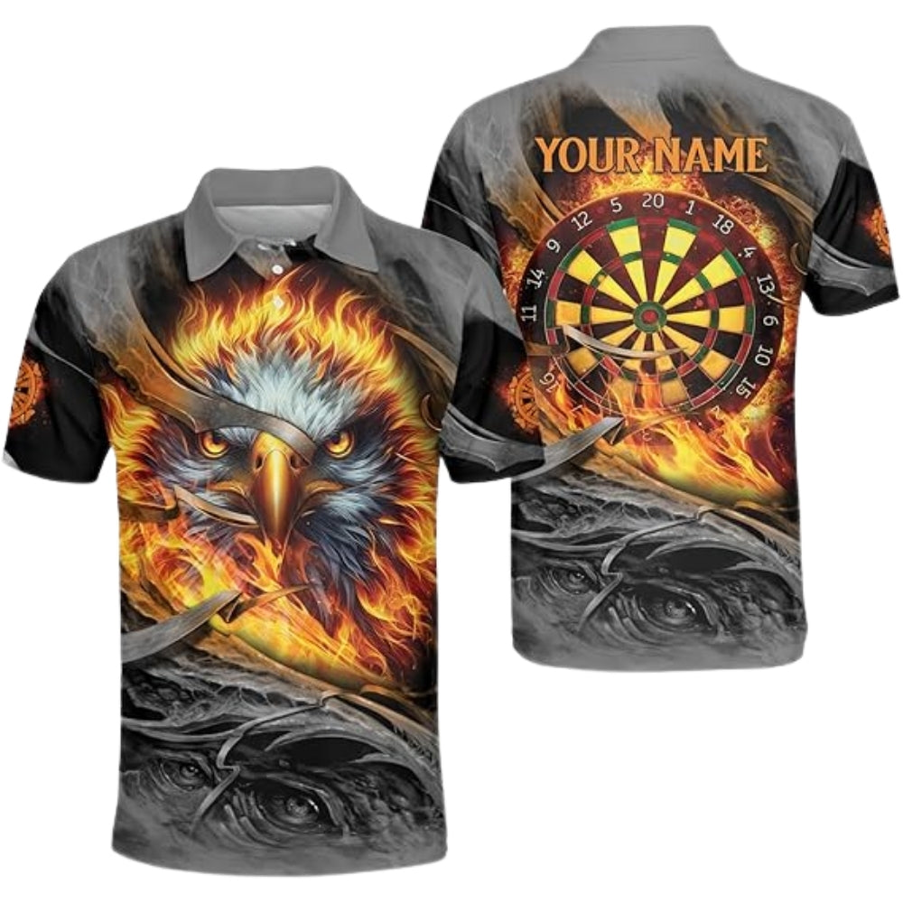 Custom Grey Grunge Eagle Flame Darts Polo Shirt Mens, Custom Flame Eagle Darts Team Shirts DZ0020