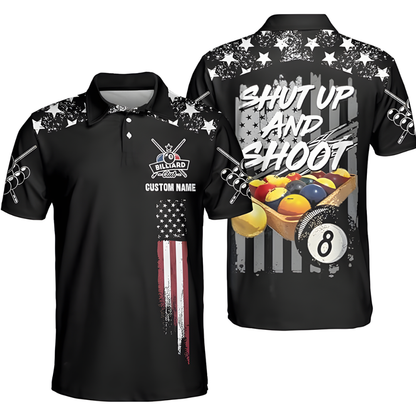Shut Up And Shoot Custom USA Flag Billiard Men Polo Shirts, Custom Funny Patriotic Billiard Team Shirts BIZ0081