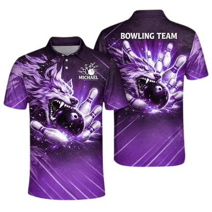 Custom Blue Wolf Men's Bowling Polo Shirt, Custom Wolf Bowling Team Shirts BZ0360