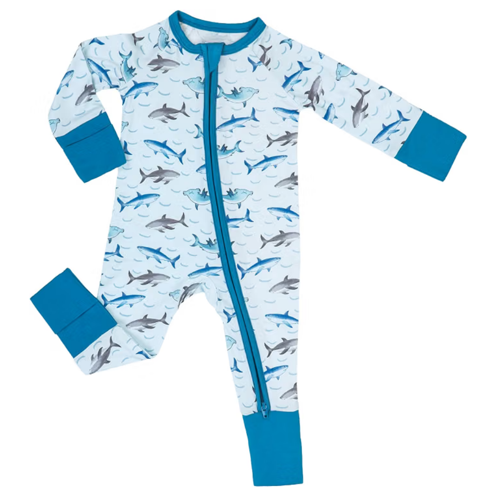 Shark Ocean Blue Baby Romper Convertible Zipper, Shark Baby Romper Convertible BB0436