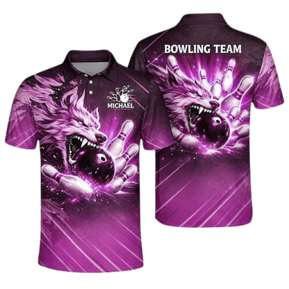 Custom Blue Wolf Men's Bowling Polo Shirt, Custom Wolf Bowling Team Shirts BZ0360