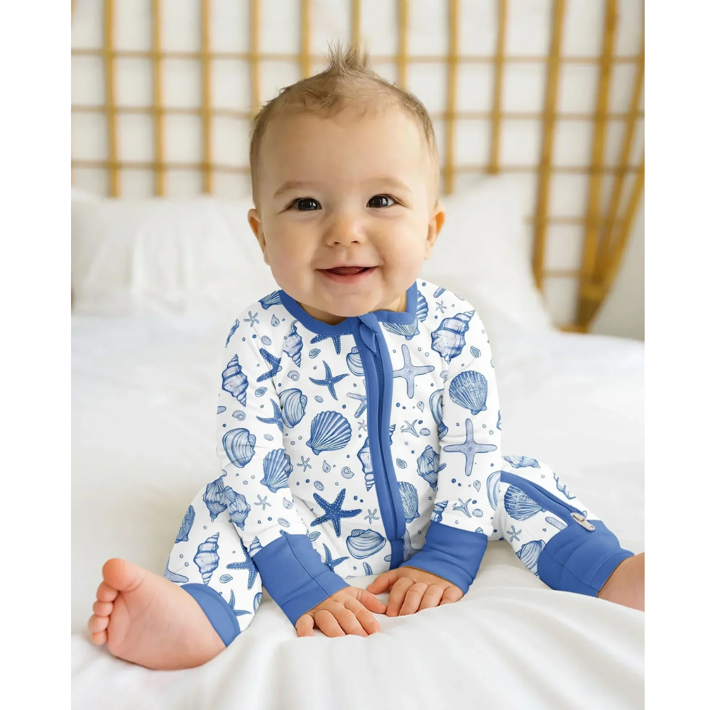 Pink Coastal Seashell Baby Convertible Zipper Romper. Ocean Baby Romper Convertible BB0835