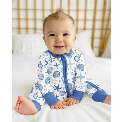 Pink Coastal Seashell Baby Convertible Zipper Romper. Ocean Baby Romper Convertible BB0835