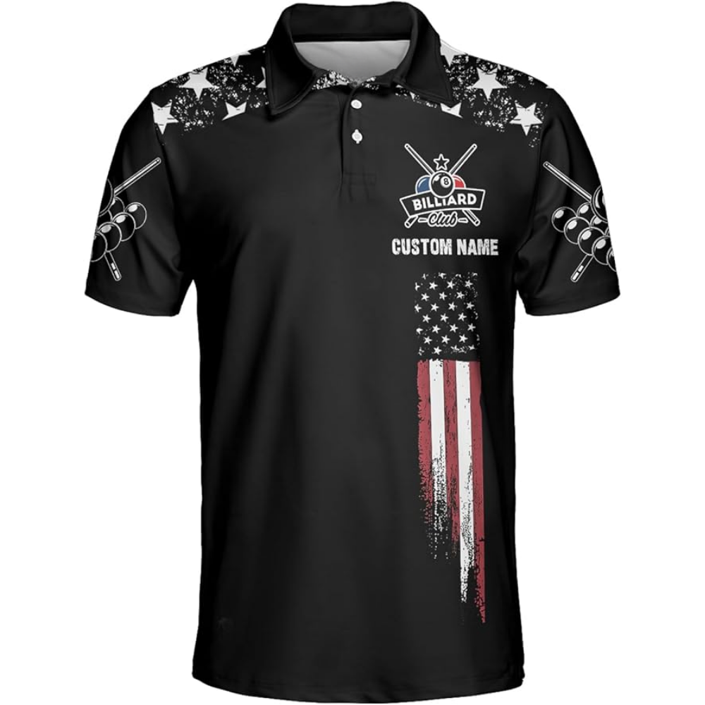 Shut Up And Shoot Custom USA Flag Billiard Men Polo Shirts, Custom Funny Patriotic Billiard Team Shirts BIZ0081