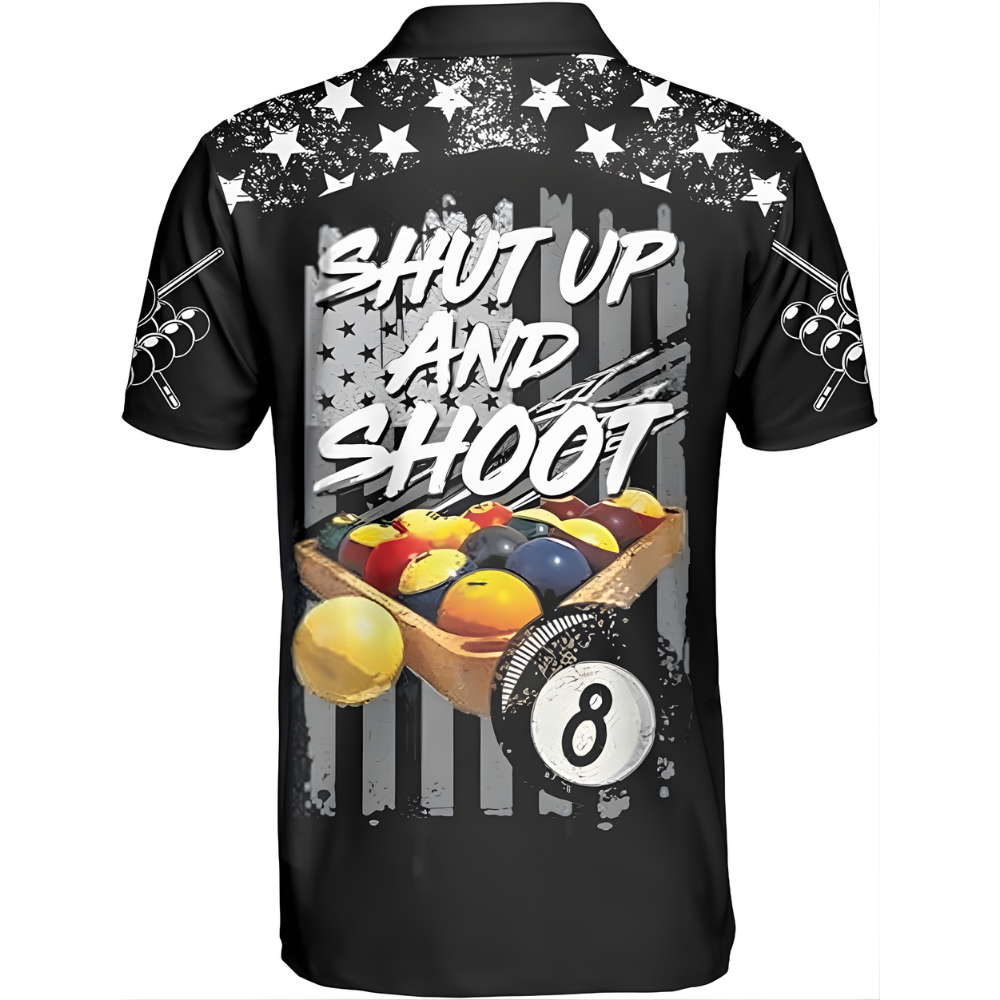 Shut Up And Shoot Custom USA Flag Billiard Men Polo Shirts, Custom Funny Patriotic Billiard Team Shirts BIZ0081