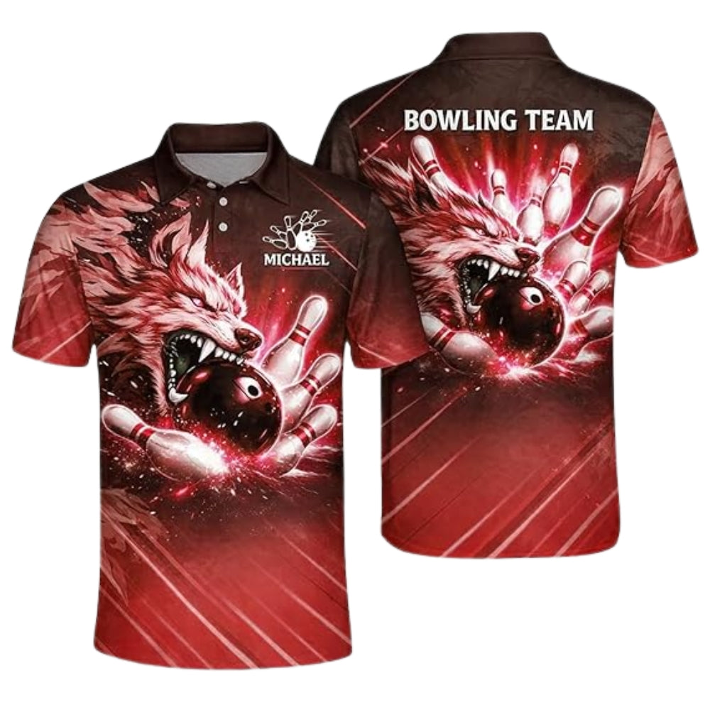 Custom Blue Wolf Men's Bowling Polo Shirt, Custom Wolf Bowling Team Shirts BZ0360