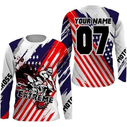 Custom American Flag Motocross Riding Long Sleeve Jersey Shirts For Men, Custom Patriotic Motocross Shirts MZ0028