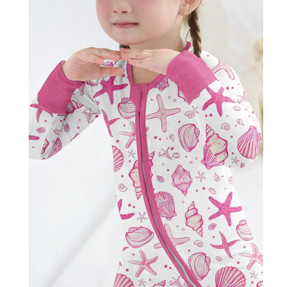 Pink Coastal Seashell Baby Convertible Zipper Romper. Ocean Baby Romper Convertible BB0835