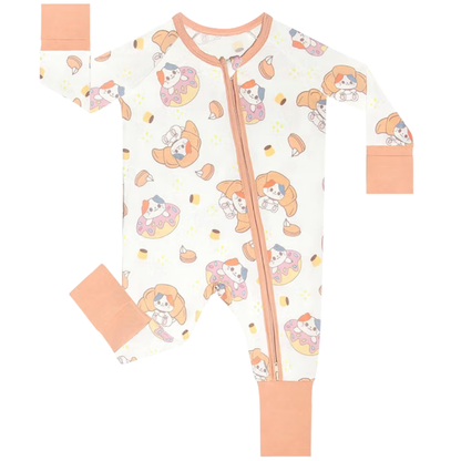 Cat And Bread Baby Romper With Convertible Zipper, Cat Baby Convertible Romper BB0614