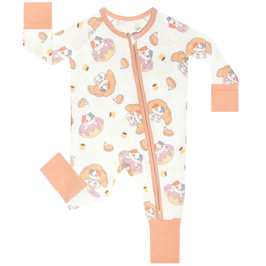 Cat And Bread Baby Romper With Convertible Zipper, Cat Baby Convertible Romper BB0614