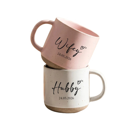 Wifey And Hubby Custom Date Wedding Pottery Mug, Custom Mug For Bride Groom WD0320