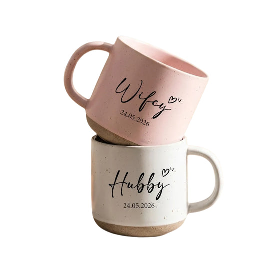 Wifey And Hubby Custom Date Wedding Pottery Mug, Custom Mug For Bride Groom WD0320