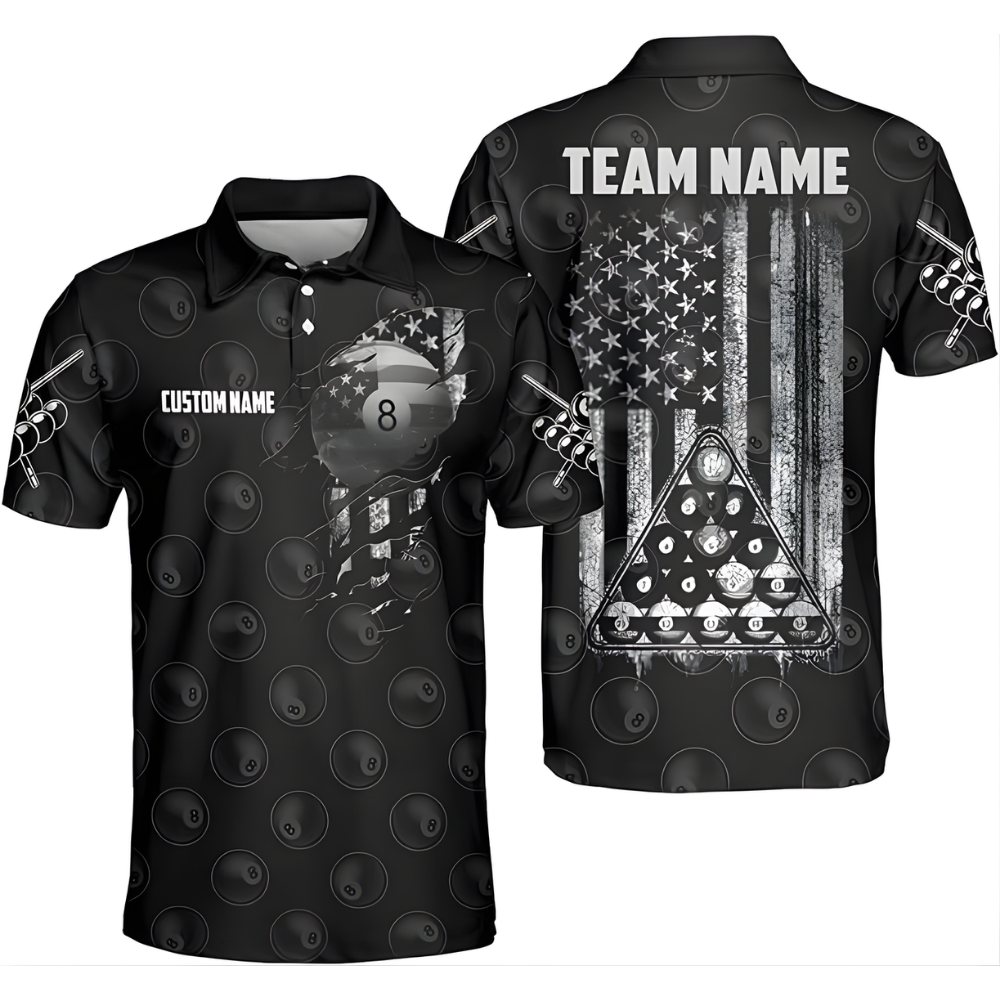 Custom American Flag 8 Ball Billiard Men Polo Shirt, Custom Patriotic Billiard Shirts For Team BIZ0082