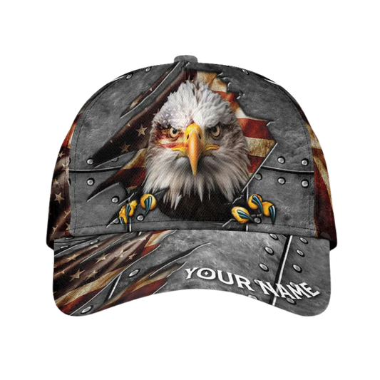 Custom Name Eagle US Flag 3D Baseball Cap, Custom American Patriotic Caps Hats CP0136