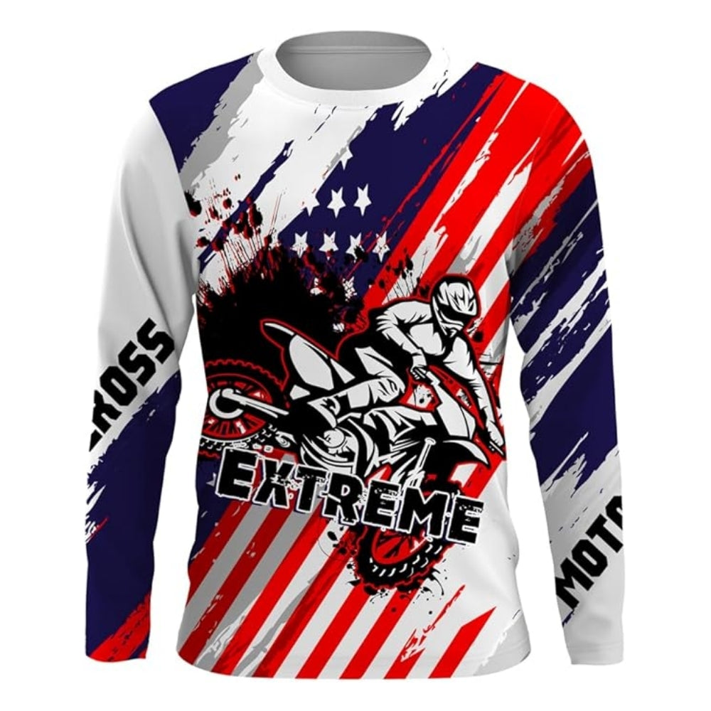 Custom American Flag Motocross Riding Long Sleeve Jersey Shirts For Men, Custom Patriotic Motocross Shirts MZ0028