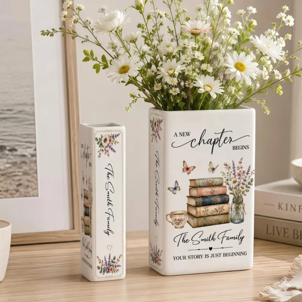 Personalized New Chapter Begin Wedding Ceramic Book Vase, Custom Newlyweds Wedding Book Vase WD0648