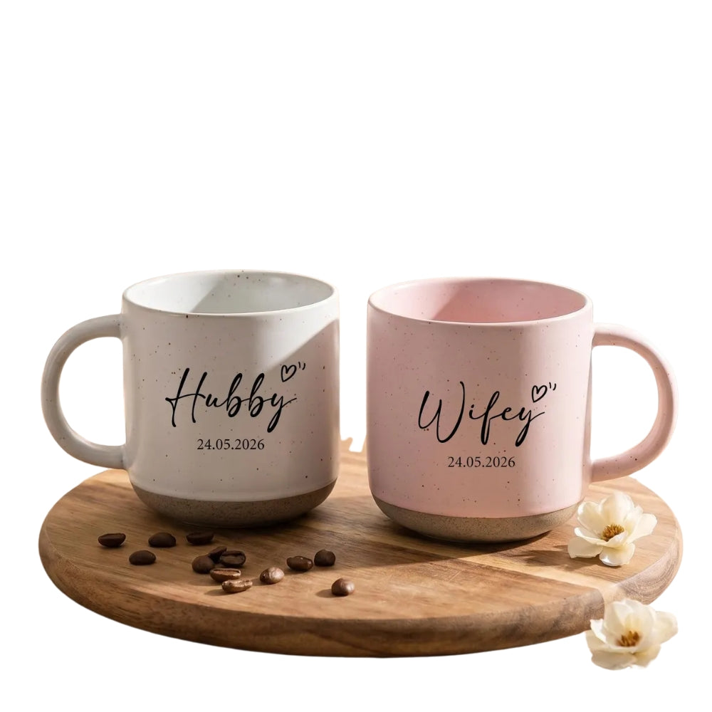 Wifey And Hubby Custom Date Wedding Pottery Mug, Custom Mug For Bride Groom WD0320