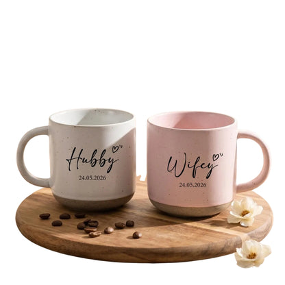 Wifey And Hubby Custom Date Wedding Pottery Mug, Custom Mug For Bride Groom WD0320