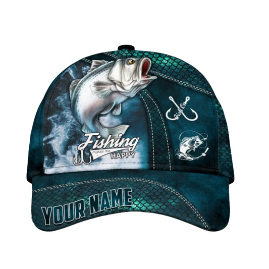 Fishing Makes Me Happy Custom Teal Bass Fishing Cap, Custom Fishing Caps Hat CP0339
