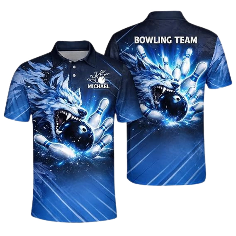 Custom Blue Wolf Men's Bowling Polo Shirt, Custom Wolf Bowling Team Shirts BZ0360