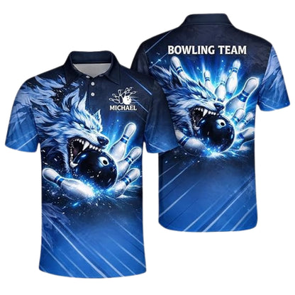 Custom Blue Wolf Men's Bowling Polo Shirt, Custom Wolf Bowling Team Shirts BZ0360