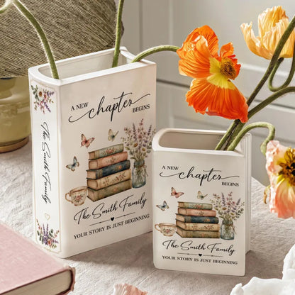 Personalized New Chapter Begin Wedding Ceramic Book Vase, Custom Newlyweds Wedding Book Vase WD0648