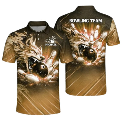 Custom Blue Wolf Men's Bowling Polo Shirt, Custom Wolf Bowling Team Shirts BZ0360