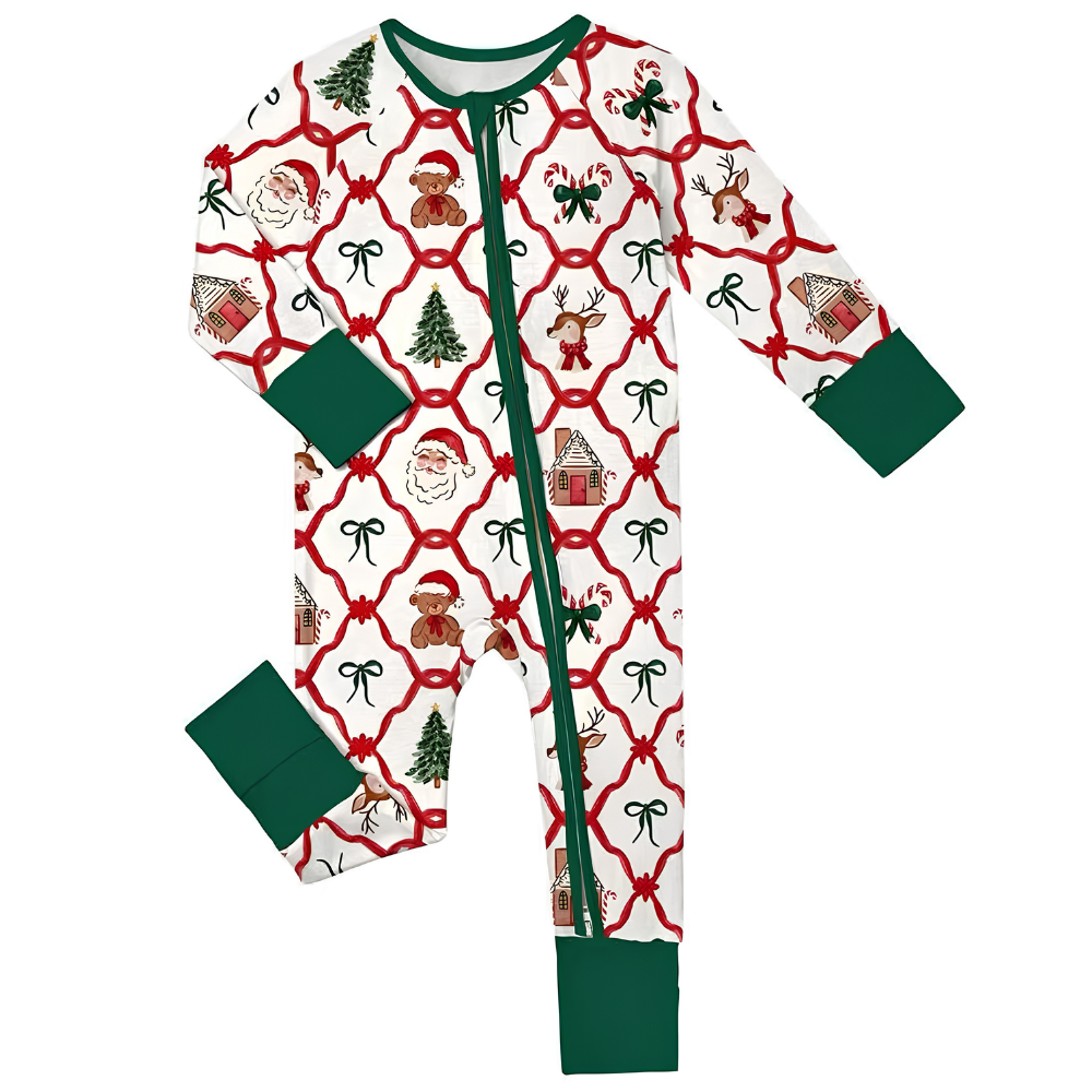 Santa Xmas Green White Baby Convertible Zippy Romper, Christmas Romper Convertible For Baby BB0615