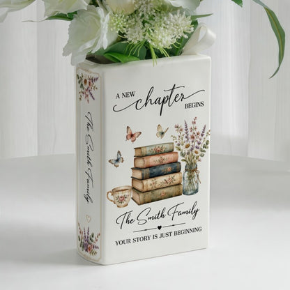 Personalized New Chapter Begin Wedding Ceramic Book Vase, Custom Newlyweds Wedding Book Vase WD0648