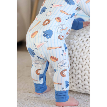 Baseball Blue Baby Convertible Zipper Romper, Baseball Baby Boy Romper Convertible BB0836