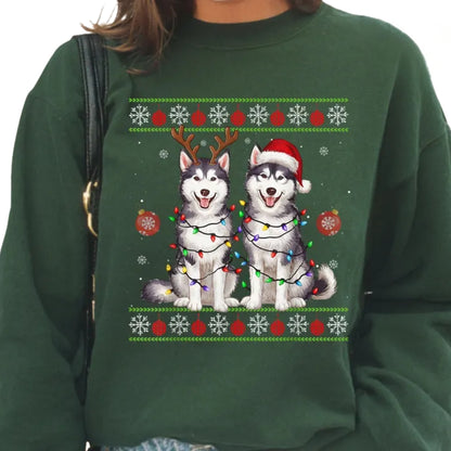 Husky Christmas Light Sweatshirt, Xmas Sweatshirt For Dog Lover 2D0641
