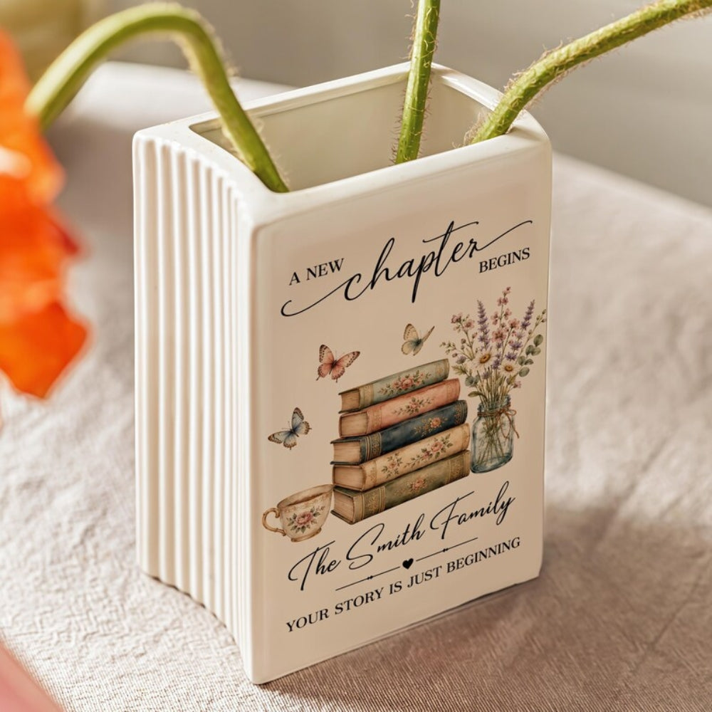 Personalized New Chapter Begin Wedding Ceramic Book Vase, Custom Newlyweds Wedding Book Vase WD0648
