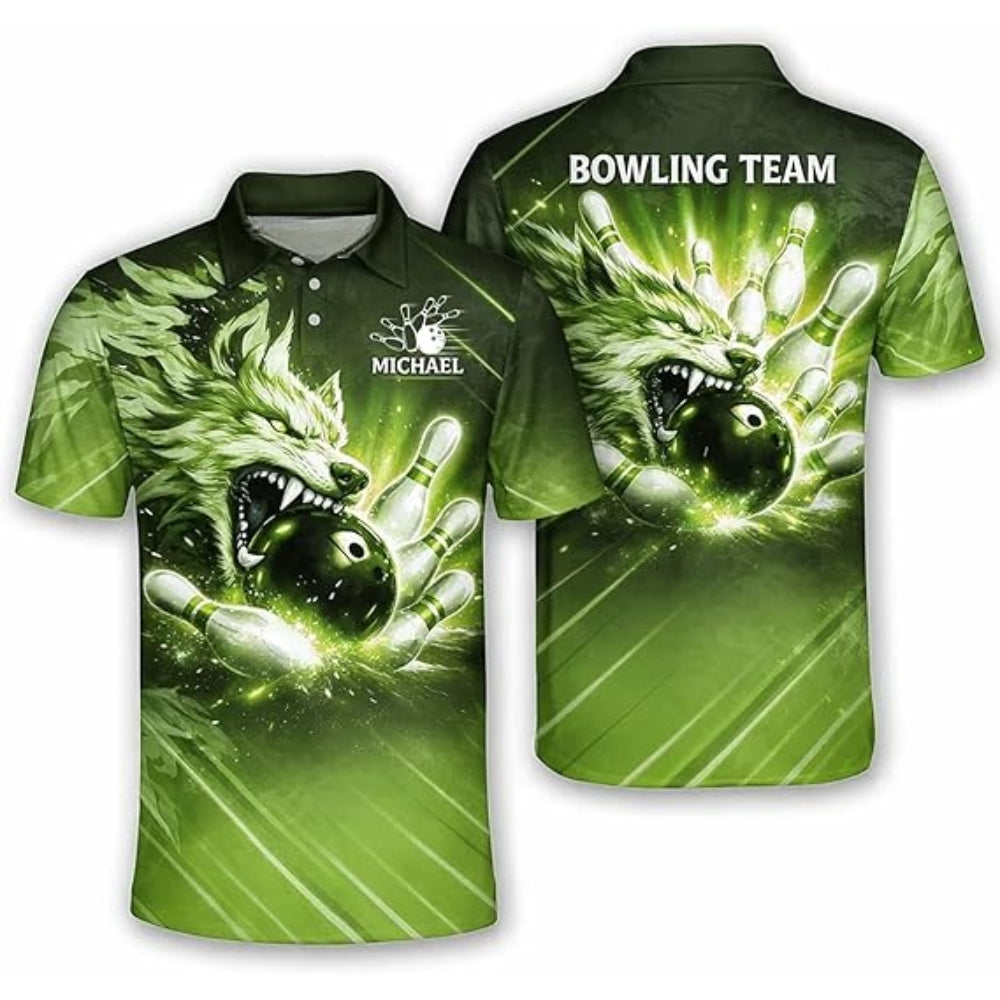 Custom Blue Wolf Men's Bowling Polo Shirt, Custom Wolf Bowling Team Shirts BZ0360